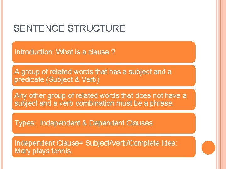 SENTENCE STRUCTURE Introduction: What is a clause ? A group of related words that