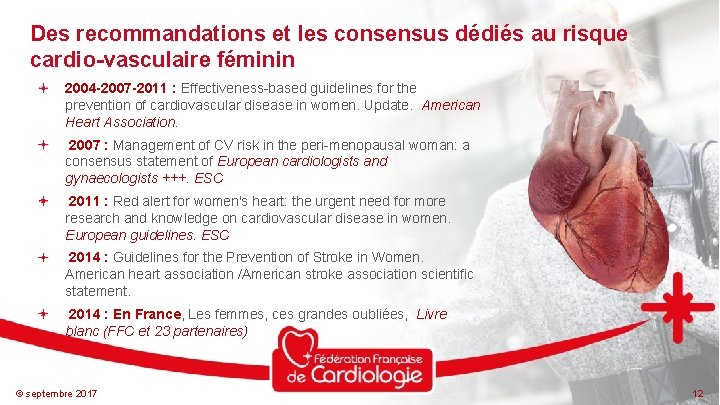 Des recommandations et les consensus dédiés au risque cardio-vasculaire féminin 2004 -2007 -2011 :