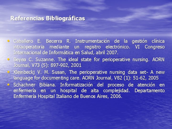 Referencias Bibliográficas • Caballero E. Becerra R. Instrumentación de la gestión clínica • •