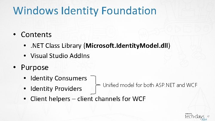 Windows Identity Foundation • Contents • . NET Class Library (Microsoft. Identity. Model. dll)