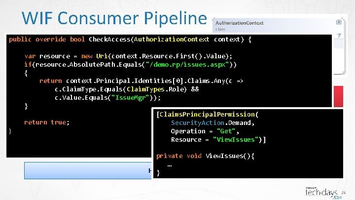 WIF Consumer Pipeline public override bool Check. Access(Authorization. Context context) { Token Issuer Name