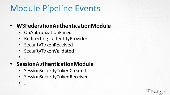 Module Pipeline Events • WSFederation. Authentication. Module • • • On. Authorization. Failed Redirecting.