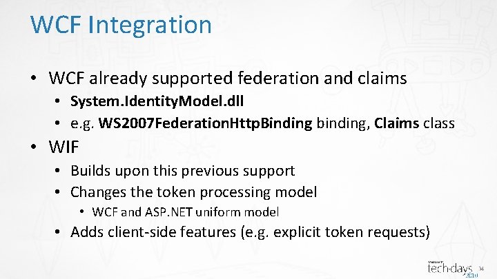 WCF Integration • WCF already supported federation and claims • System. Identity. Model. dll