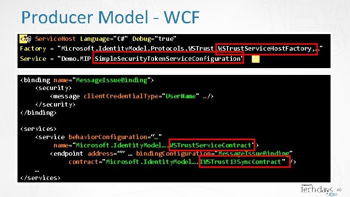 Producer Model - WCF <%@ Service. Host Language="C#" Debug="true" Factory = "Microsoft. Identity. Model.