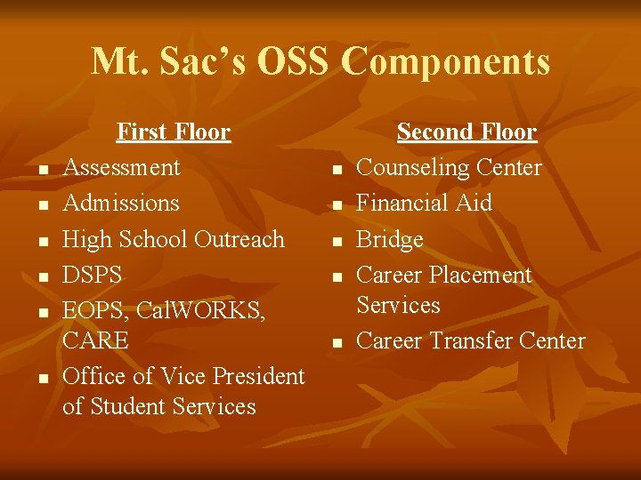 Mt. Sac’s OSS Components n n n First Floor Assessment Admissions High School Outreach