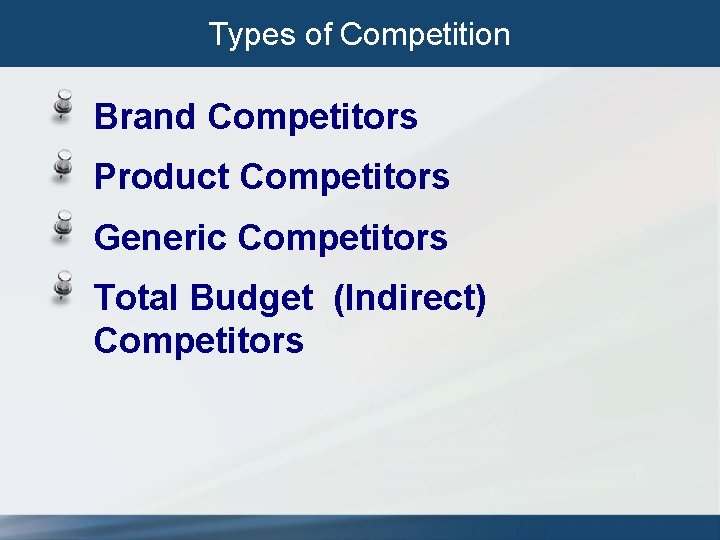 Types of Competition Brand Competitors Product Competitors Generic Competitors Total Budget (Indirect) Competitors 