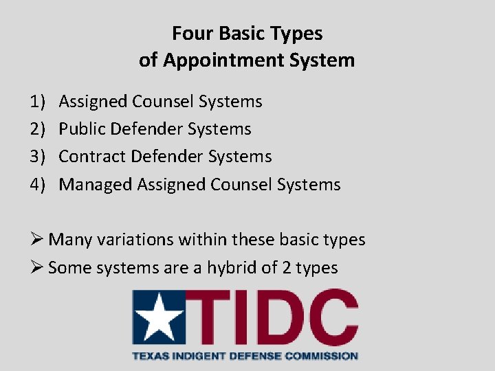 Four Basic Types of Appointment System 1) 2) 3) 4) Assigned Counsel Systems Public