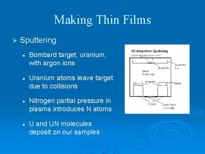 Making Thin Films Ø Sputtering l l Bombard target, uranium, with argon ions Uranium