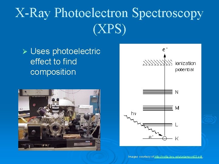 X-Ray Photoelectron Spectroscopy (XPS) Ø Uses photoelectric effect to find composition Images courtesy of