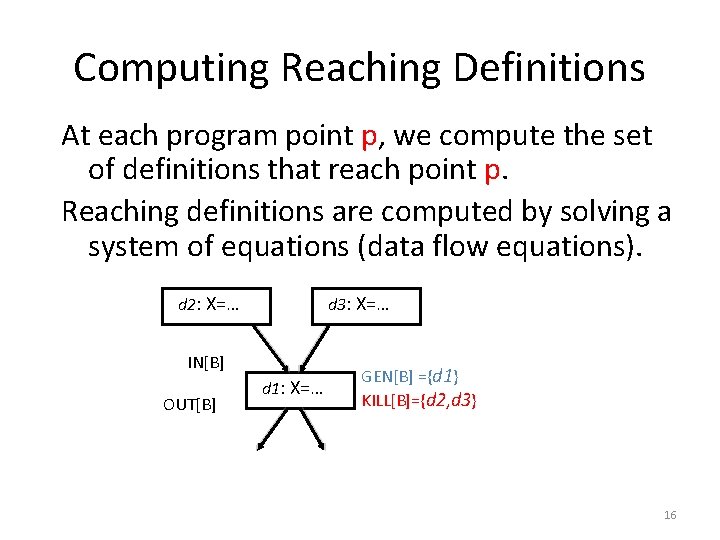 Computing Reaching Definitions At each program point p, we compute the set of definitions