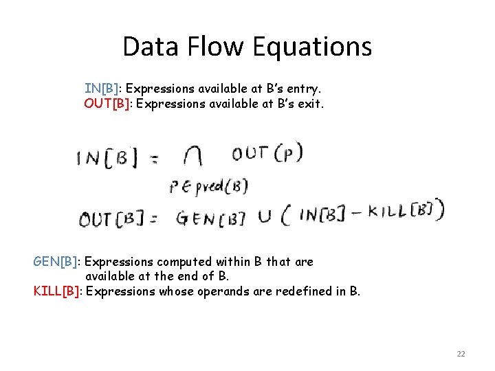 Data Flow Equations IN[B]: Expressions available at B’s entry. OUT[B]: Expressions available at B’s