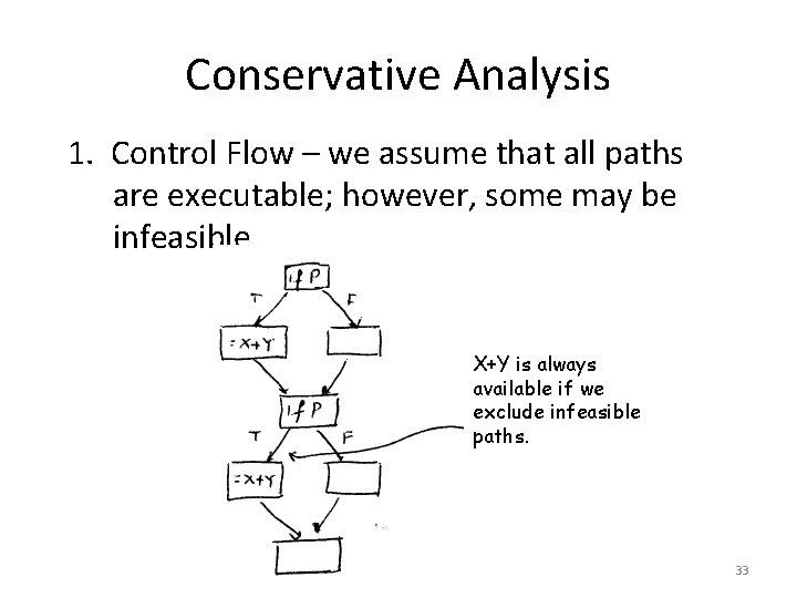 Conservative Analysis 1. Control Flow – we assume that all paths are executable; however,