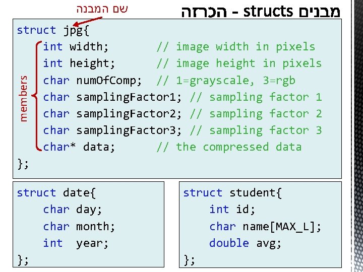  שם המבנה members struct jpg{ int width; // image width in pixels int