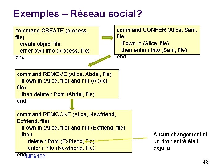 Exemples – Réseau social? command CREATE (process, file) create object file enter own into