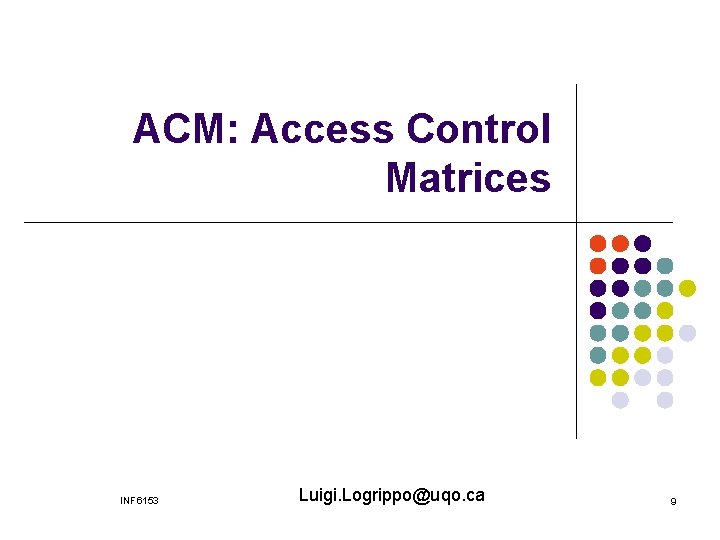 ACM: Access Control Matrices INF 6153 Luigi. Logrippo@uqo. ca 9 