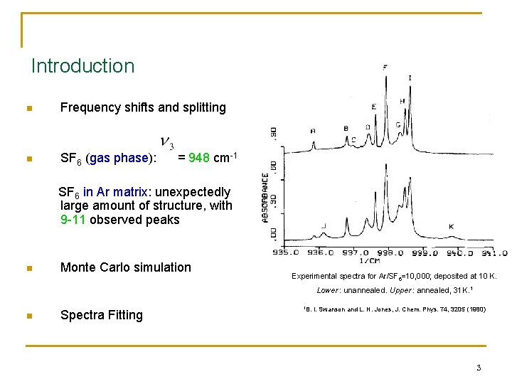 Introduction n Frequency shifts and splitting n SF 6 (gas phase): = 948 cm-1