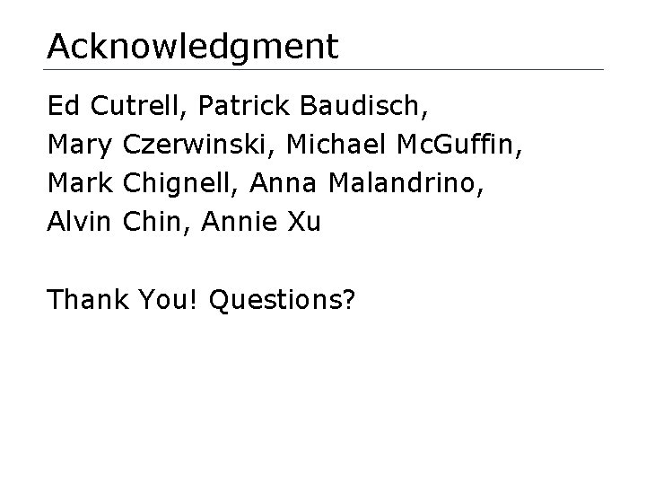 Acknowledgment Ed Cutrell, Patrick Baudisch, Mary Czerwinski, Michael Mc. Guffin, Mark Chignell, Anna Malandrino,