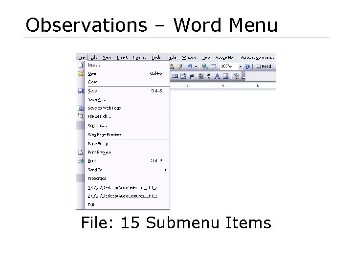 Observations – Word Menu File: 15 Submenu Items 