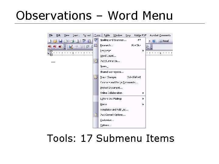 Observations – Word Menu Tools: 17 Submenu Items 