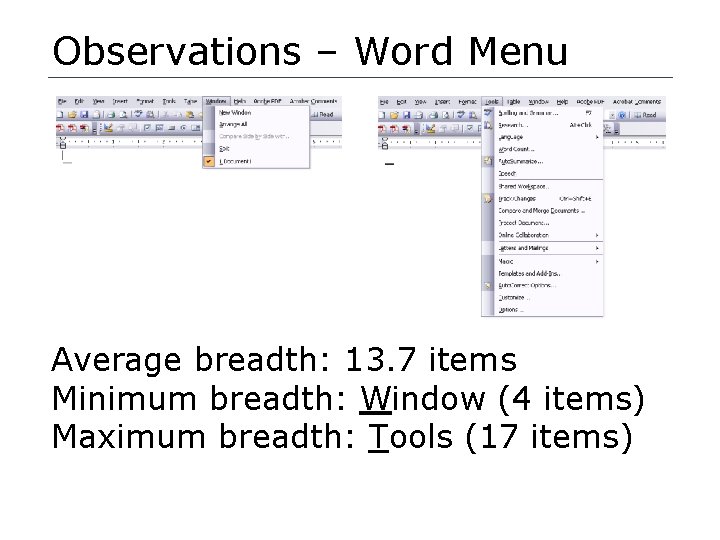 Observations – Word Menu Average breadth: 13. 7 items Minimum breadth: Window (4 items)