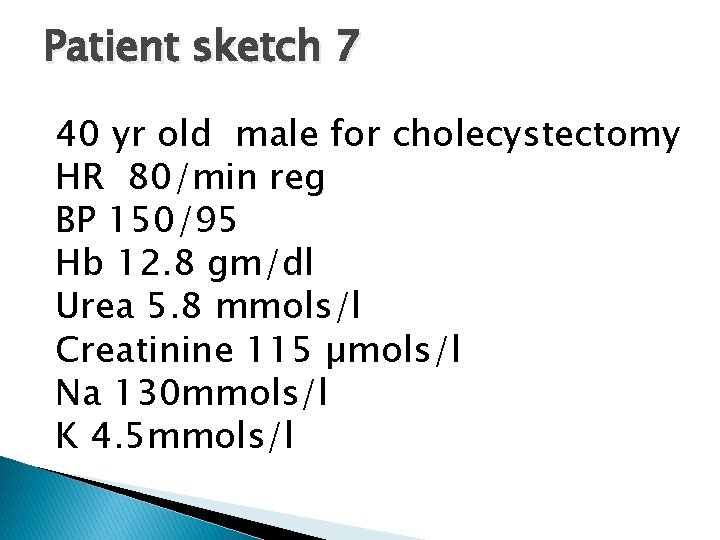 Patient sketch 7 40 yr old male for cholecystectomy HR 80/min reg BP 150/95