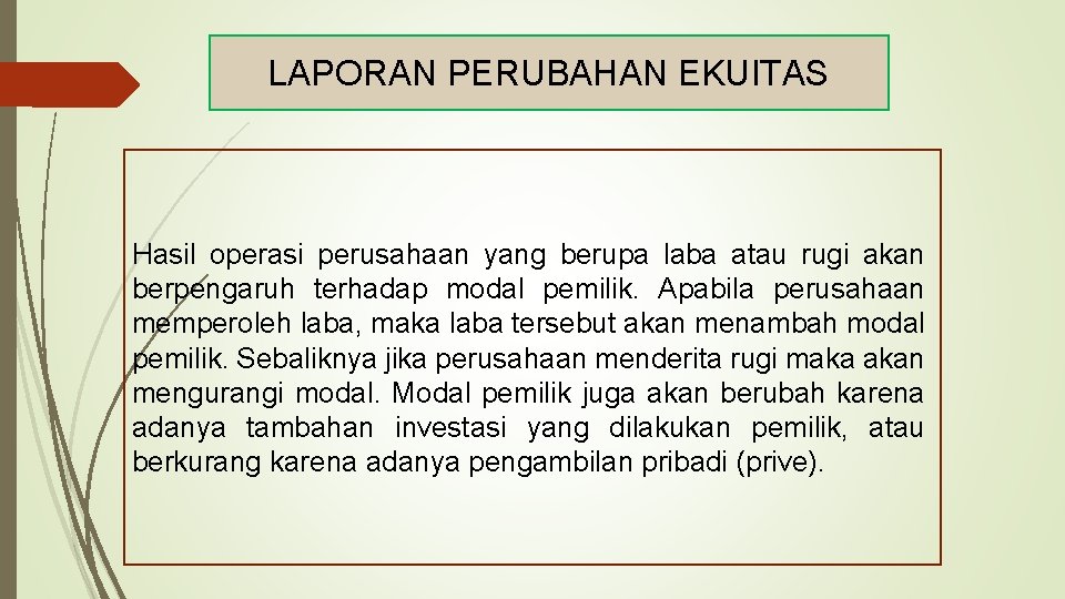 LAPORAN PERUBAHAN EKUITAS Hasil operasi perusahaan yang berupa laba atau rugi akan berpengaruh terhadap