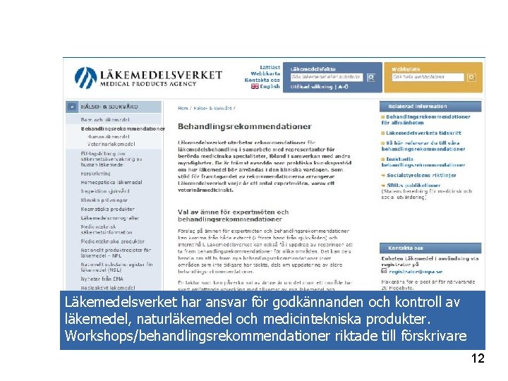 Läkemedelsverket har ansvar för godkännanden och kontroll av läkemedel, naturläkemedel och medicintekniska produkter. Workshops/behandlingsrekommendationer Läkemedelsverket har ansvar för godkännanden och kontroll av läkemedel, naturläkemedel och medicintekniska produkter. Workshops/behandlingsrekommendationer