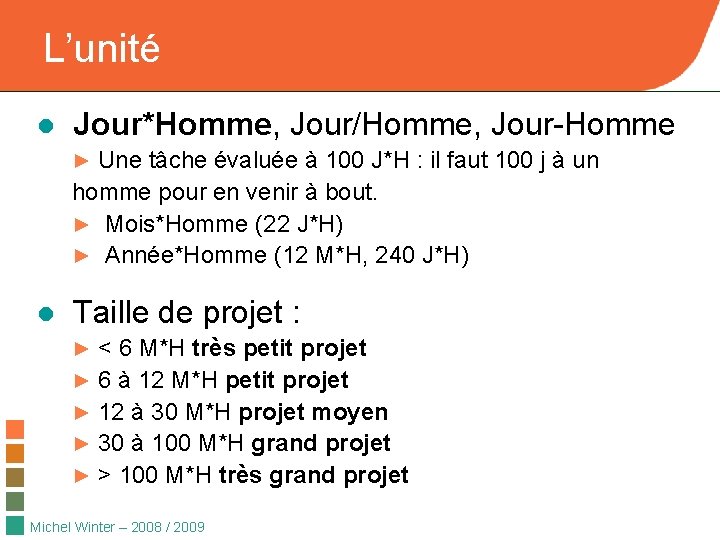 L’unité ● Jour*Homme, Jour/Homme, Jour-Homme ► Une tâche évaluée à 100 J*H : il L’unité ● Jour*Homme, Jour/Homme, Jour-Homme ► Une tâche évaluée à 100 J*H : il