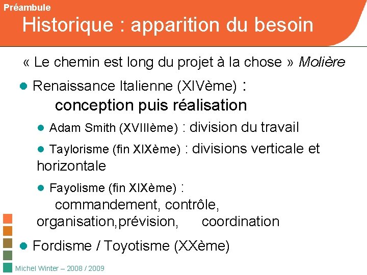 Préambule Historique : apparition du besoin « Le chemin est long du projet à