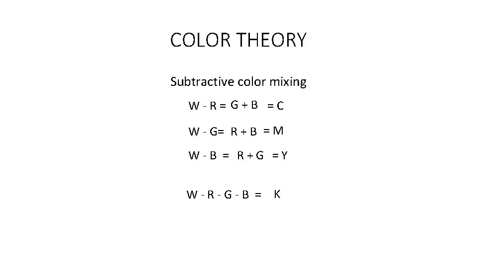 COLOR THEORY Subtractive color mixing W-R= G+B =C W - G= R + B