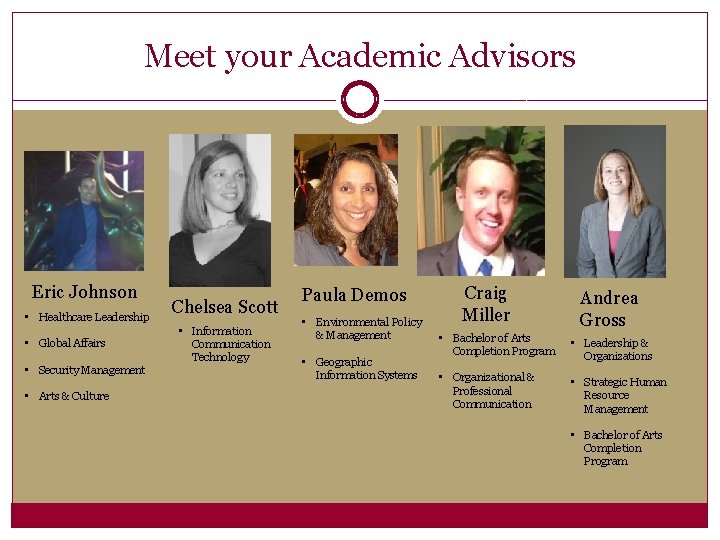 Meet your Academic Advisors Eric Johnson • Healthcare Leadership • Global Affairs • Security