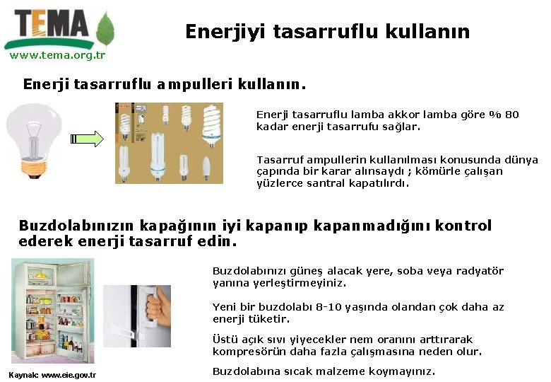 Enerjiyi tasarruflu kullanın www. tema. org. tr Enerji tasarruflu ampulleri kullanın. Enerji tasarruflu lamba