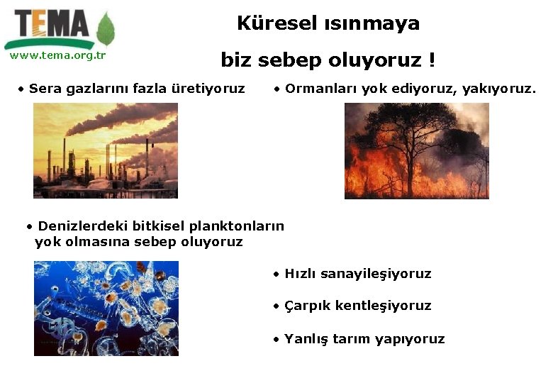 Küresel ısınmaya www. tema. org. tr biz sebep oluyoruz ! • Sera gazlarını fazla