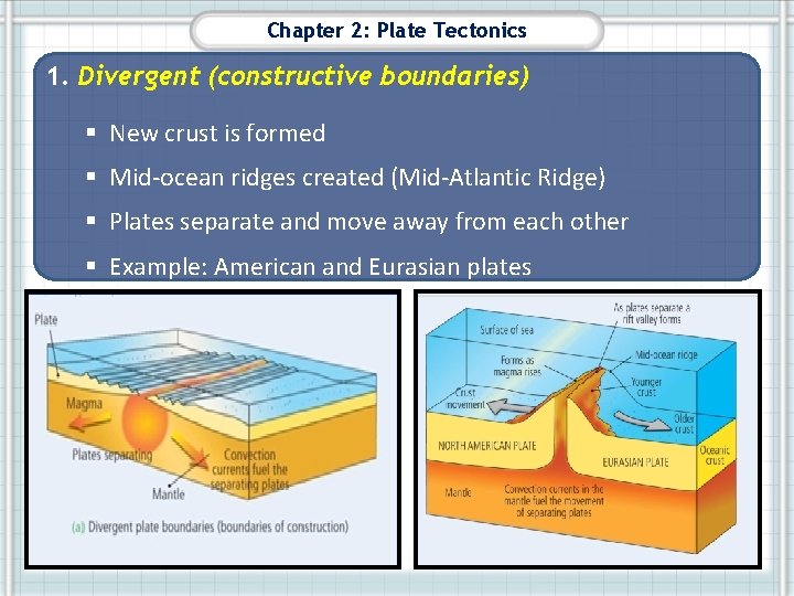 Chapter 2: Plate Tectonics 1. Divergent (constructive boundaries) § New crust is formed §