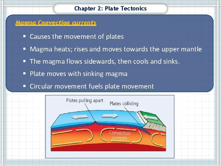 Chapter 2: Plate Tectonics Magma Convection currents § Causes the movement of plates §
