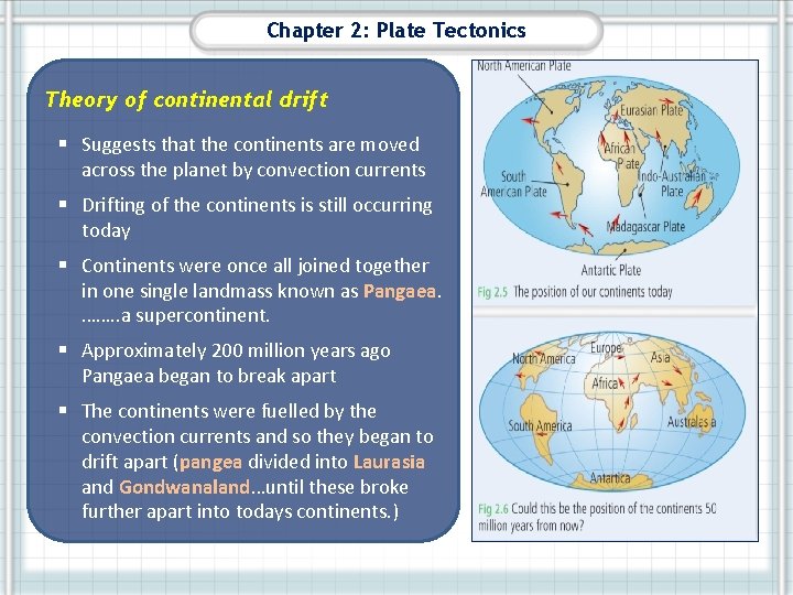 Chapter 2: Plate Tectonics Theory of continental drift § Suggests that the continents are