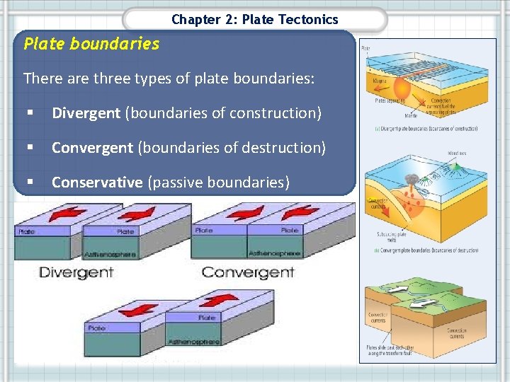 Chapter 2: Plate Tectonics Plate boundaries There are three types of plate boundaries: §