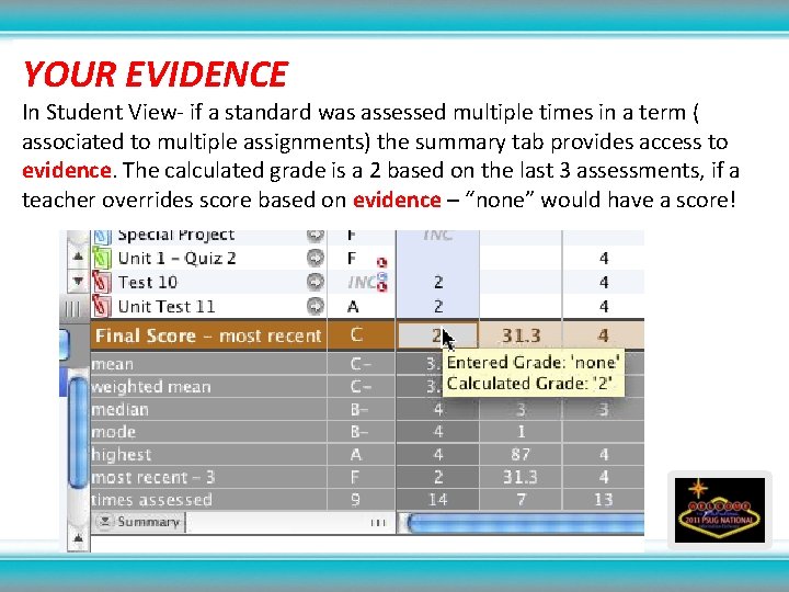 YOUR EVIDENCE In Student View- if a standard was assessed multiple times in a