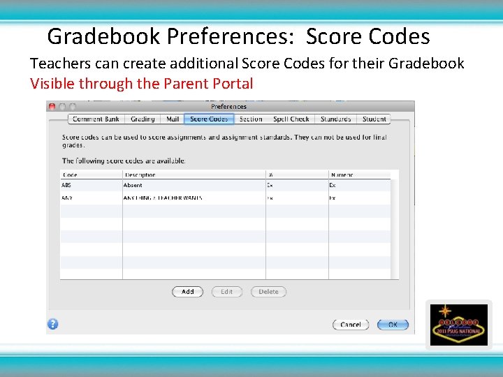 Gradebook Preferences: Score Codes Teachers can create additional Score Codes for their Gradebook Visible