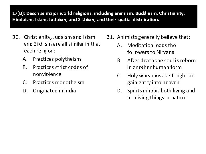 17(B): Describe major world religions, including animism, Buddhism, Christianity, Hinduism, Islam, Judaism, and Sikhism,