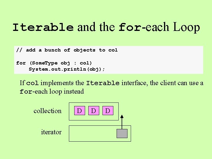 Iterable and the for-each Loop // add a bunch of objects to col for