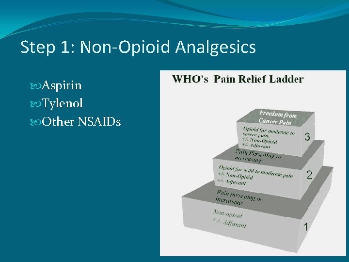 Step 1: Non-Opioid Analgesics Aspirin Tylenol Other NSAIDs 