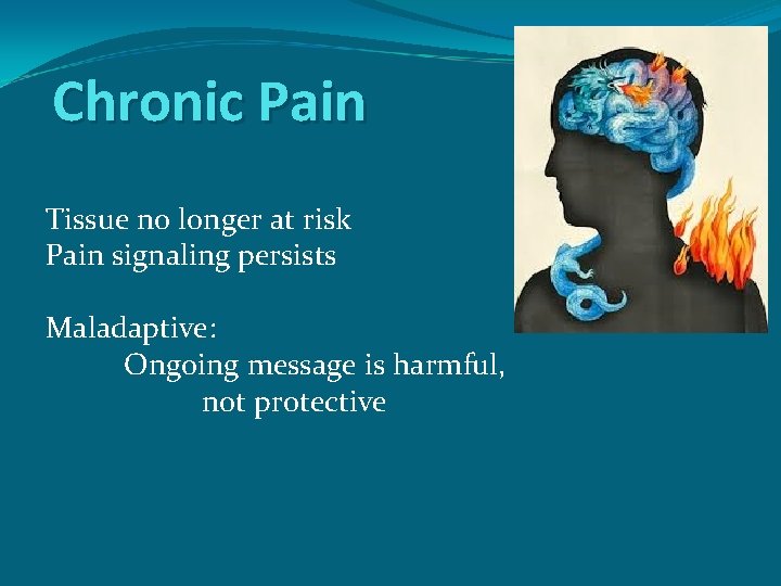 Chronic Pain Tissue no longer at risk Pain signaling persists Maladaptive: Ongoing message is