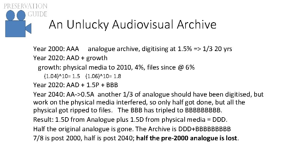 An Unlucky Audiovisual Archive Year 2000: AAA analogue archive, digitising at 1. 5% =>