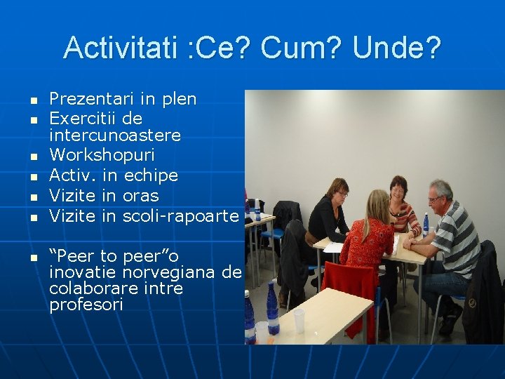 Activitati : Ce? Cum? Unde? n n n n Prezentari in plen Exercitii de