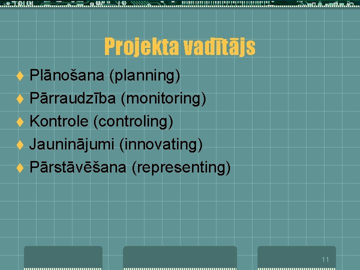 Projekta vadītājs Plānošana (planning) t Pārraudzība (monitoring) t Kontrole (controling) t Jauninājumi (innovating) t