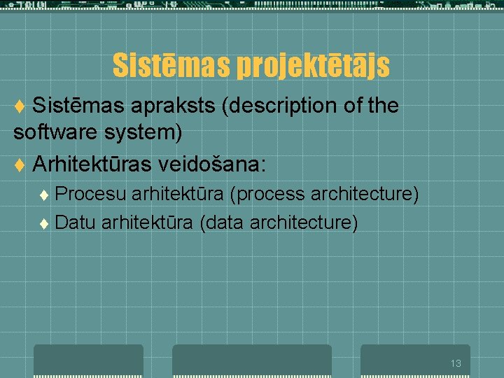 Sistēmas projektētājs Sistēmas apraksts (description of the software system) t Arhitektūras veidošana: t Procesu