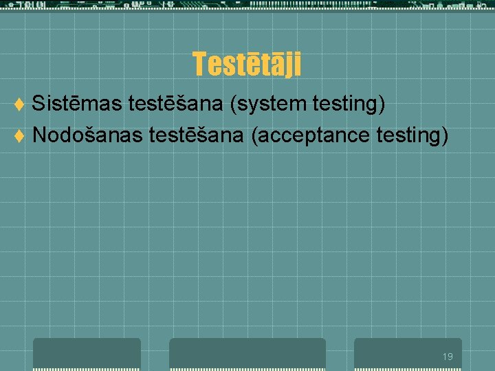 Testētāji Sistēmas testēšana (system testing) t Nodošanas testēšana (acceptance testing) t 19 