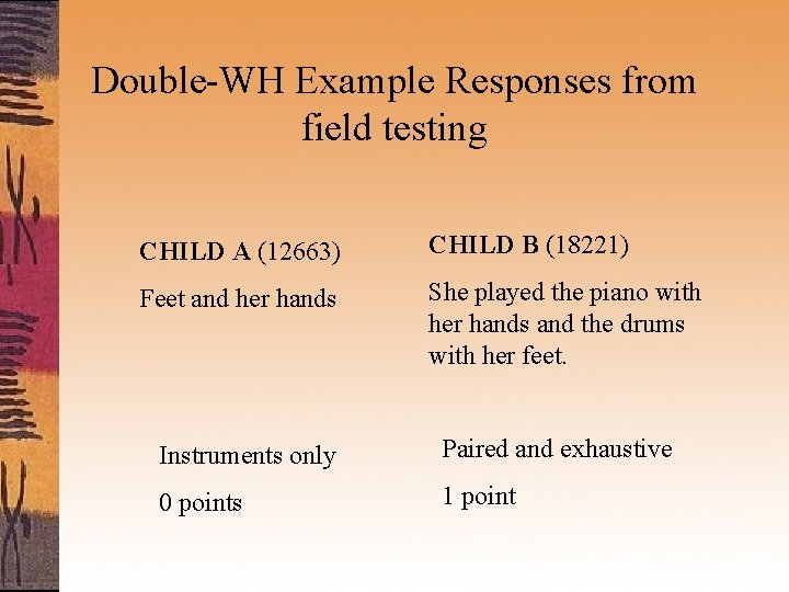 Double-WH Example Responses from field testing CHILD A (12663) CHILD B (18221) Feet and