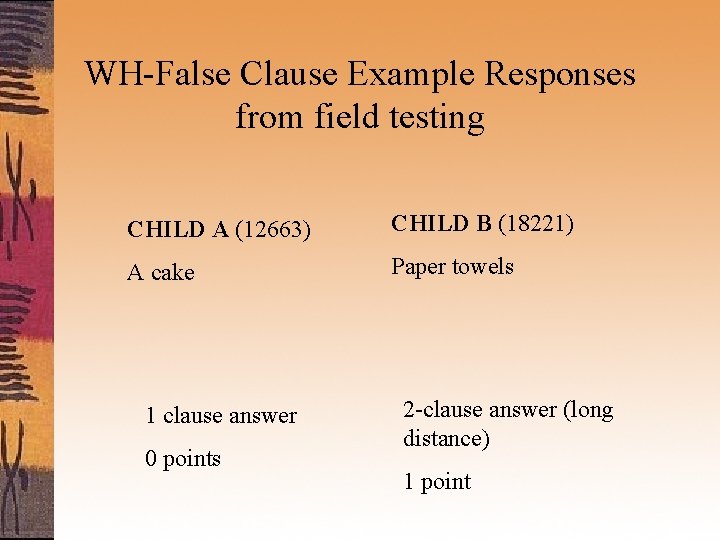 WH-False Clause Example Responses from field testing CHILD A (12663) CHILD B (18221) A